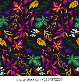 Autumn seamless natural pattern of exotic leaves. Vector floral background. Falling leaf seamless background with Oak. Maple, chestnut, linden, aspen walnut and rowan foliage in cartoon style.