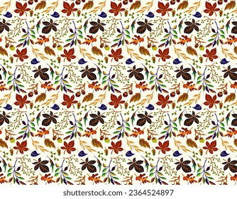 Autumn seamless natural pattern of exotic leaves. Vector floral background. Falling leaf seamless background with Oak. Maple, chestnut, linden, aspen walnut and rowan foliage in cartoon style.