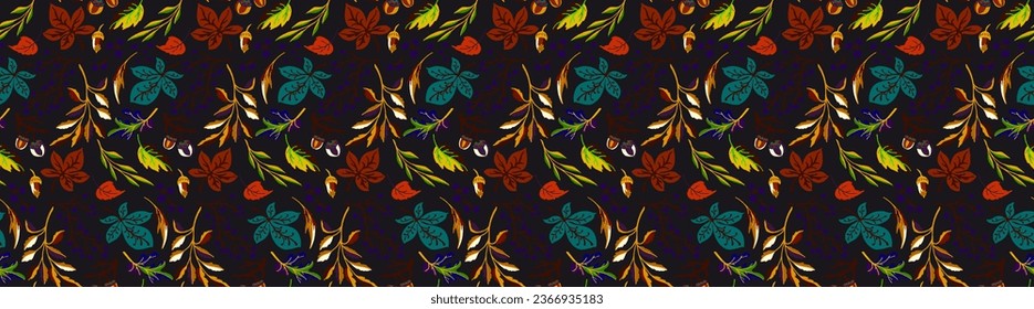 Autumn seamless natural pattern of exotic leaves. Vector floral background. Falling leaf seamless background with Oak. Maple, chestnut, linden, aspen walnut and rowan foliage in cartoon style.
