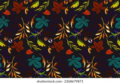 Autumn seamless natural pattern of exotic leaves. Vector floral background. Falling leaf seamless background with Oak. Maple, chestnut, linden, aspen walnut and rowan foliage in cartoon style.