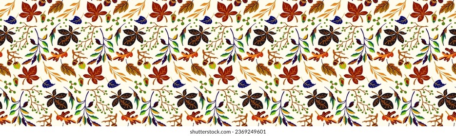 Patrón natural de hojas exóticas de otoño. Fondo vectorial floral. Caer en el fondo sin fisuras con roble. Maple, castaño, linden, nogal de álamos y follaje de rowan al estilo de las caricaturas.