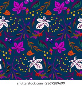 Autumn seamless natural pattern of exotic leaves. Vector floral background. Falling leaf seamless background with Oak. Maple, chestnut, linden, aspen walnut and rowan foliage in cartoon style.