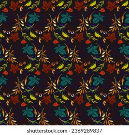 Autumn seamless natural pattern of exotic leaves. Vector floral background. Falling leaf seamless background with Oak. Maple, chestnut, linden, aspen walnut and rowan foliage in cartoon style.