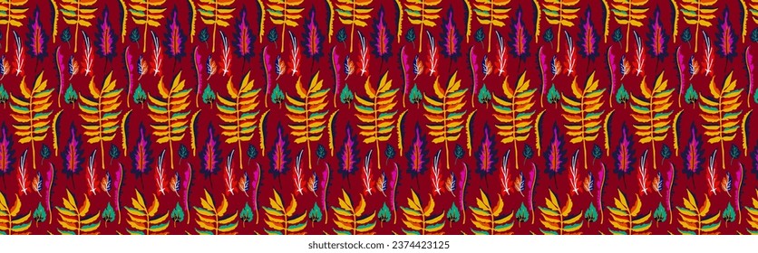 Autumn seamless natural pattern of exotic leaves. Vector floral background. Falling leaf seamless background with Oak. Maple, chestnut, linden, aspen walnut and rowan foliage in cartoon style.