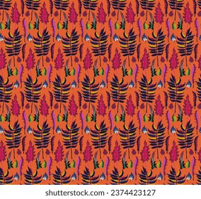 Autumn seamless natural pattern of exotic leaves. Vector floral background. Falling leaf seamless background with Oak. Maple, chestnut, linden, aspen walnut and rowan foliage in cartoon style.