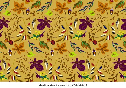 Autumn seamless natural pattern of exotic leaves. Vector floral background. Falling leaf seamless background with Oak. Maple, chestnut, linden, aspen walnut and rowan foliage in cartoon style.
