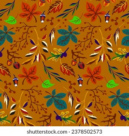 Autumn seamless natural pattern of exotic leaves. Vector floral background. Falling leaf seamless background with Oak. Maple, chestnut, linden, aspen walnut and rowan foliage in cartoon style.
