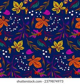 Autumn seamless natural pattern of exotic leaves. Vector floral background. Falling leaf seamless background with Oak. Maple, chestnut, linden, aspen walnut and rowan foliage in cartoon style.