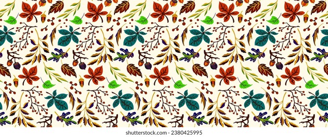 Autumn seamless natural pattern of exotic leaves. Vector floral background. Falling leaf seamless background with Oak. Maple, chestnut, linden, aspen walnut and rowan foliage in cartoon style.