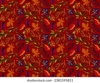 Autumn seamless natural pattern of exotic leaves. Vector floral background. Falling leaf seamless background with Oak. Maple, chestnut, linden, aspen walnut and rowan foliage in cartoon style.