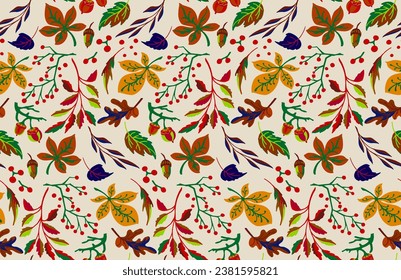 Herbst nahtlose natürliche Muster exotischer Blätter. Vektorfloraler Hintergrund. Fallende Blätter nahtloser Hintergrund mit Eiche. Ahorn, Kastanie, Leinen, Apfelwalnuss und Rouan-Blätter im Cartoon-Stil.