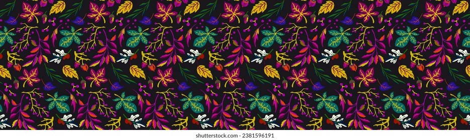 Patrón natural de hojas exóticas de otoño. Fondo vectorial floral. Caer en el fondo sin fisuras con roble. Maple, castaño, linden, nogal de álamos y follaje de rowan al estilo de las caricaturas.