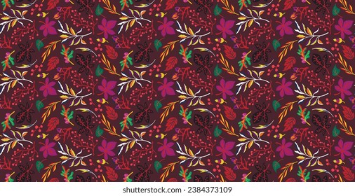 Autumn seamless natural pattern of exotic leaves. Vector floral background. Falling leaf seamless background with Oak. Maple, chestnut, linden, aspen walnut and rowan foliage in cartoon style.
