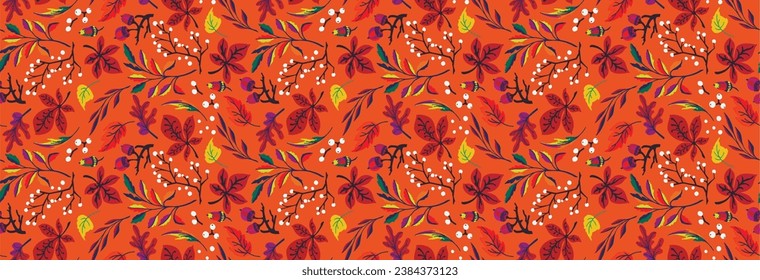 Autumn seamless natural pattern of exotic leaves. Vector floral background. Falling leaf seamless background with Oak. Maple, chestnut, linden, aspen walnut and rowan foliage in cartoon style.