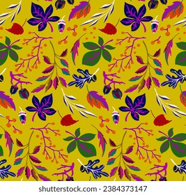 Autumn seamless natural pattern of exotic leaves. Vector floral background. Falling leaf seamless background with Oak. Maple, chestnut, linden, aspen walnut and rowan foliage in cartoon style.