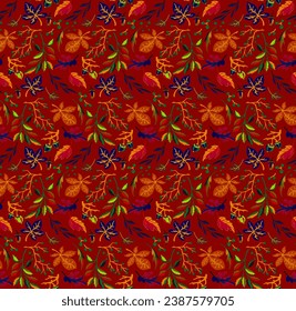Autumn seamless natural pattern of exotic leaves. Vector floral background. Falling leaf seamless background with Oak. Maple, chestnut, linden, aspen walnut and rowan foliage in cartoon style.