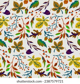 Patrón natural de hojas exóticas de otoño. Fondo vectorial floral. Caer en el fondo sin fisuras con roble. Maple, castaño, linden, nogal de álamos y follaje de rowan al estilo de las caricaturas.