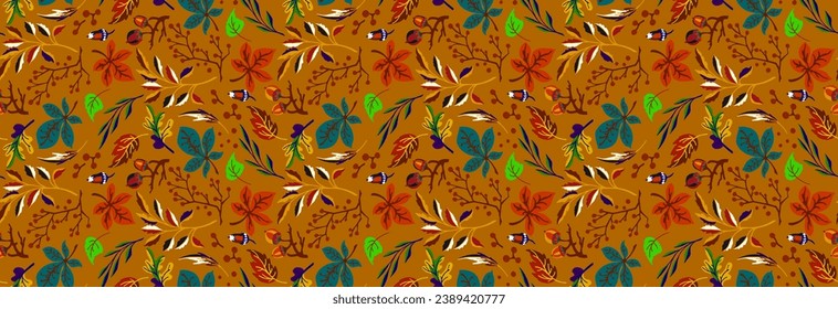 Autumn seamless natural pattern of exotic leaves. Vector floral background. Falling leaf seamless background with Oak. Maple, chestnut, linden, aspen walnut and rowan foliage in cartoon style.