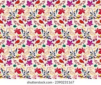 Autumn seamless natural pattern of exotic leaves. Vector floral background. Falling leaf seamless background with Oak. Maple, chestnut, linden, aspen walnut and rowan foliage in cartoon style.