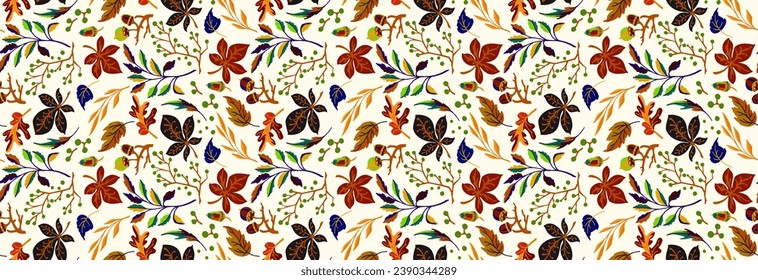 Autumn seamless natural pattern of exotic leaves. Vector floral background. Falling leaf seamless background with Oak. Maple, chestnut, linden, aspen walnut and rowan foliage in cartoon style.