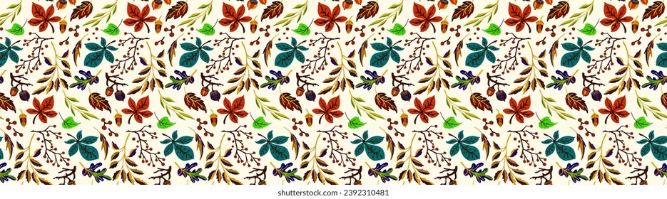 Autumn seamless natural pattern of exotic leaves. Vector floral background. Falling leaf seamless background with Oak. Maple, chestnut, linden, aspen walnut and rowan foliage in cartoon style.