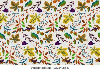Autumn seamless natural pattern of exotic leaves. Vector floral background. Falling leaf seamless background with Oak. Maple, chestnut, linden, aspen walnut and rowan foliage in cartoon style.