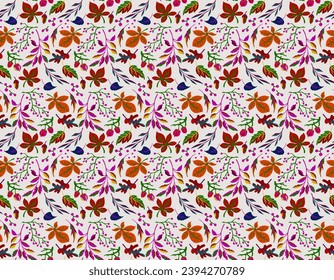 Autumn seamless natural pattern of exotic leaves. Vector floral background. Falling leaf seamless background with Oak. Maple, chestnut, linden, aspen walnut and rowan foliage in cartoon style.