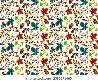 Autumn seamless natural pattern of exotic leaves. Vector floral background. Falling leaf seamless background with Oak. Maple, chestnut, linden, aspen walnut and rowan foliage in cartoon style.