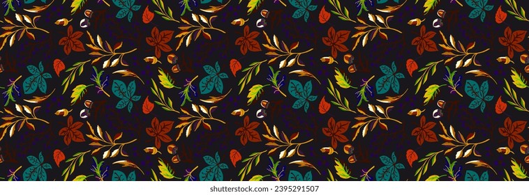 Autumn seamless natural pattern of exotic leaves. Vector floral background. Falling leaf seamless background with Oak. Maple, chestnut, linden, aspen walnut and rowan foliage in cartoon style.