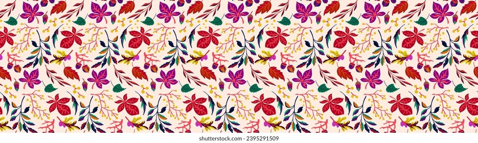 Autumn seamless natural pattern of exotic leaves. Vector floral background. Falling leaf seamless background with Oak. Maple, chestnut, linden, aspen walnut and rowan foliage in cartoon style.