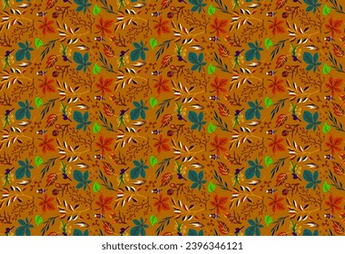 Autumn seamless natural pattern of exotic leaves. Vector floral background. Falling leaf seamless background with Oak. Maple, chestnut, linden, aspen walnut and rowan foliage in cartoon style.