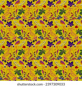 Autumn seamless natural pattern of exotic leaves. Vector floral background. Falling leaf seamless background with Oak. Maple, chestnut, linden, aspen walnut and rowan foliage in cartoon style.