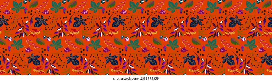 Autumn seamless natural pattern of exotic leaves. Vector floral background. Falling leaf seamless background with Oak. Maple, chestnut, linden, aspen walnut and rowan foliage in cartoon style.