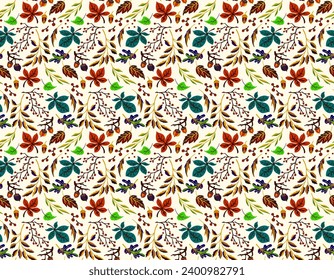 Herbst nahtlose natürliche Muster exotischer Blätter. Vektorfloraler Hintergrund. Fallende Blätter nahtloser Hintergrund mit Eiche. Ahorn, Kastanie, Leinen, Apfelwalnuss und Rouan-Blätter im Cartoon-Stil.