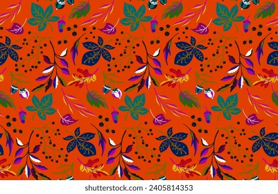 Autumn seamless natural pattern of exotic leaves. Vector floral background. Falling leaf seamless background with Oak. Maple, chestnut, linden, aspen walnut and rowan foliage in cartoon style.