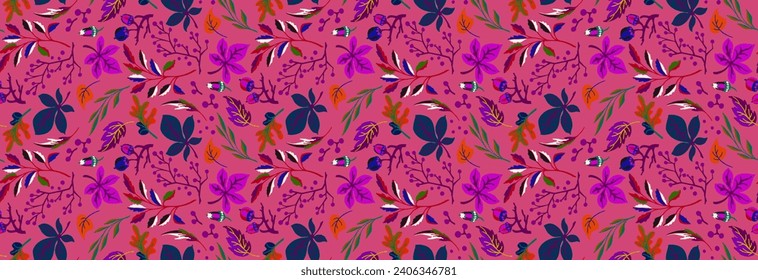 Autumn seamless natural pattern of exotic leaves. Vector floral background. Falling leaf seamless background with Oak. Maple, chestnut, linden, aspen walnut and rowan foliage in cartoon style.