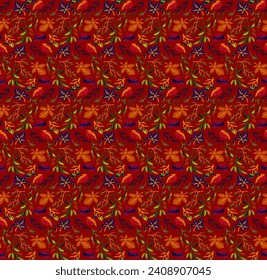 Herbst nahtlose natürliche Muster exotischer Blätter. Vektorfloraler Hintergrund. Fallende Blätter nahtloser Hintergrund mit Eiche. Ahorn, Kastanie, Leinen, Apfelwalnuss und Rouan-Blätter im Cartoon-Stil.