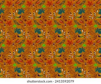 Patrón natural de hojas exóticas de otoño. Fondo vectorial floral. Caer en el fondo sin fisuras con roble. Maple, castaño, linden, nogal de álamos y follaje de rowan al estilo de las caricaturas.