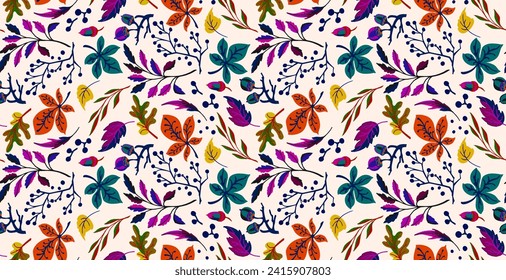 Autumn seamless natural pattern of exotic leaves. Vector floral background. Falling leaf seamless background with Oak. Maple, chestnut, linden, aspen walnut and rowan foliage in cartoon style.