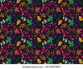 Autumn seamless natural pattern of exotic leaves. Vector floral background. Falling leaf seamless background with Oak. Maple, chestnut, linden, aspen walnut and rowan foliage in cartoon style.