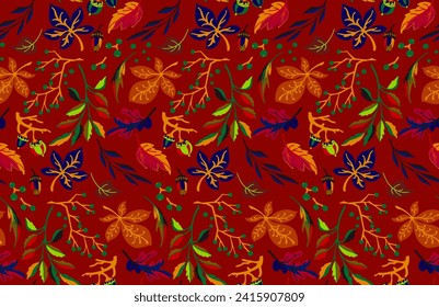 Autumn seamless natural pattern of exotic leaves. Vector floral background. Falling leaf seamless background with Oak. Maple, chestnut, linden, aspen walnut and rowan foliage in cartoon style.