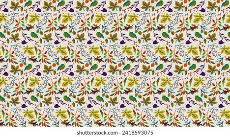 Autumn seamless natural pattern of exotic leaves. Vector floral background. Falling leaf seamless background with Oak. Maple, chestnut, linden, aspen walnut and rowan foliage in cartoon style.