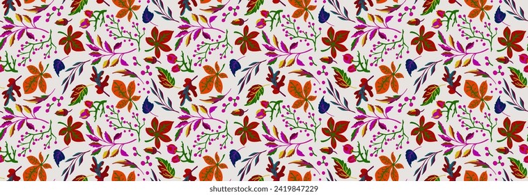 Autumn seamless natural pattern of exotic leaves. Vector floral background. Falling leaf seamless background with Oak. Maple, chestnut, linden, aspen walnut and rowan foliage in cartoon style.