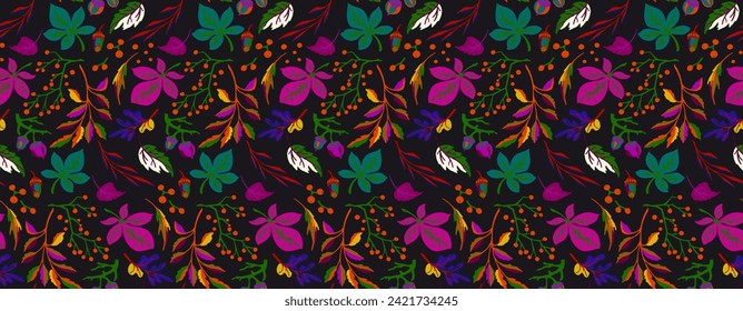 Autumn seamless natural pattern of exotic leaves. Vector floral background. Falling leaf seamless background with Oak. Maple, chestnut, linden, aspen walnut and rowan foliage in cartoon style.