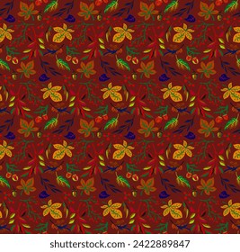 Autumn seamless natural pattern of exotic leaves. Vector floral background. Falling leaf seamless background with Oak. Maple, chestnut, linden, aspen walnut and rowan foliage in cartoon style.