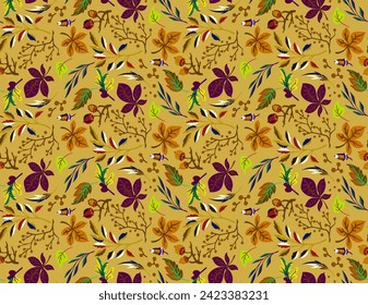 Autumn seamless natural pattern of exotic leaves. Vector floral background. Falling leaf seamless background with Oak. Maple, chestnut, linden, aspen walnut and rowan foliage in cartoon style.
