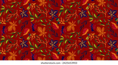 Autumn seamless natural pattern of exotic leaves. Vector floral background. Falling leaf seamless background with Oak. Maple, chestnut, linden, aspen walnut and rowan foliage in cartoon style.