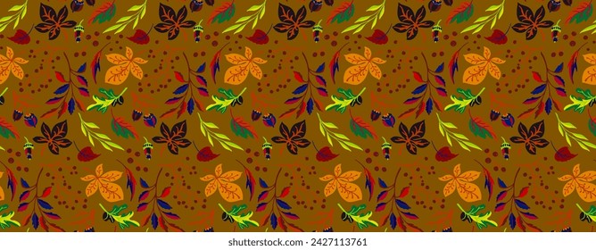 Autumn seamless natural pattern of exotic leaves. Vector floral background. Falling leaf seamless background with Oak. Maple, chestnut, linden, aspen walnut and rowan foliage in cartoon style.