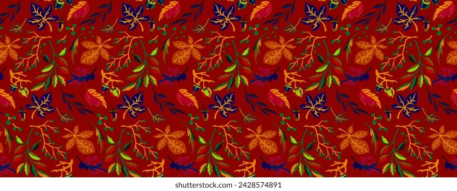 Herbst nahtlose natürliche Muster von exotischen Blättern. Vektor-Blumenhintergrund. Fallende Blatt nahtlose Hintergrund mit Eiche. Ahorn-, Kastanien-, Linden-, Espen-Walnuss- und Vogelblatt im Cartoon-Stil.