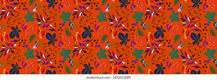 Autumn seamless natural pattern of exotic leaves. Vector floral background. Falling leaf seamless background with Oak. Maple, chestnut, linden, aspen walnut and rowan foliage in cartoon style.